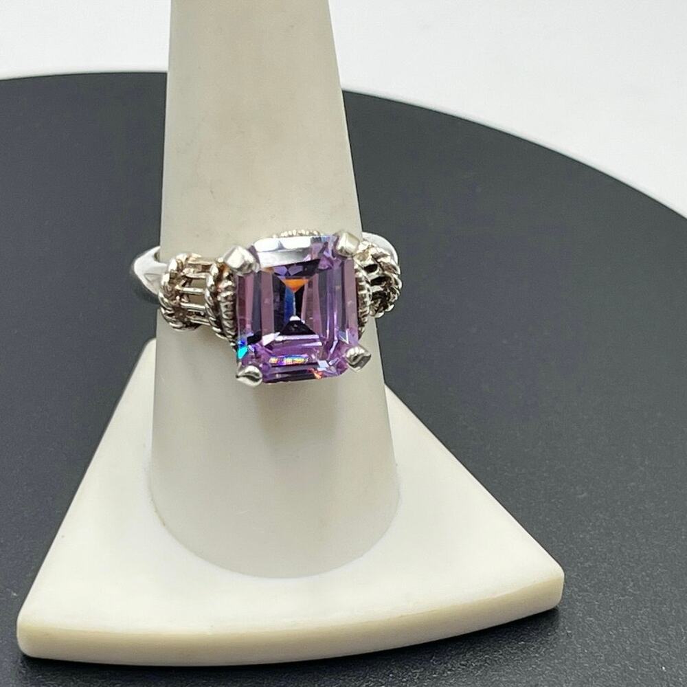 Designer 925 Sterling Silver Large Rectangle Cut Purple Blue Prong CZ Ring Sz‎ 9